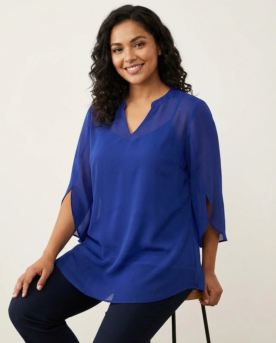 Luchtige chiffon blouse met V-hals in blauw