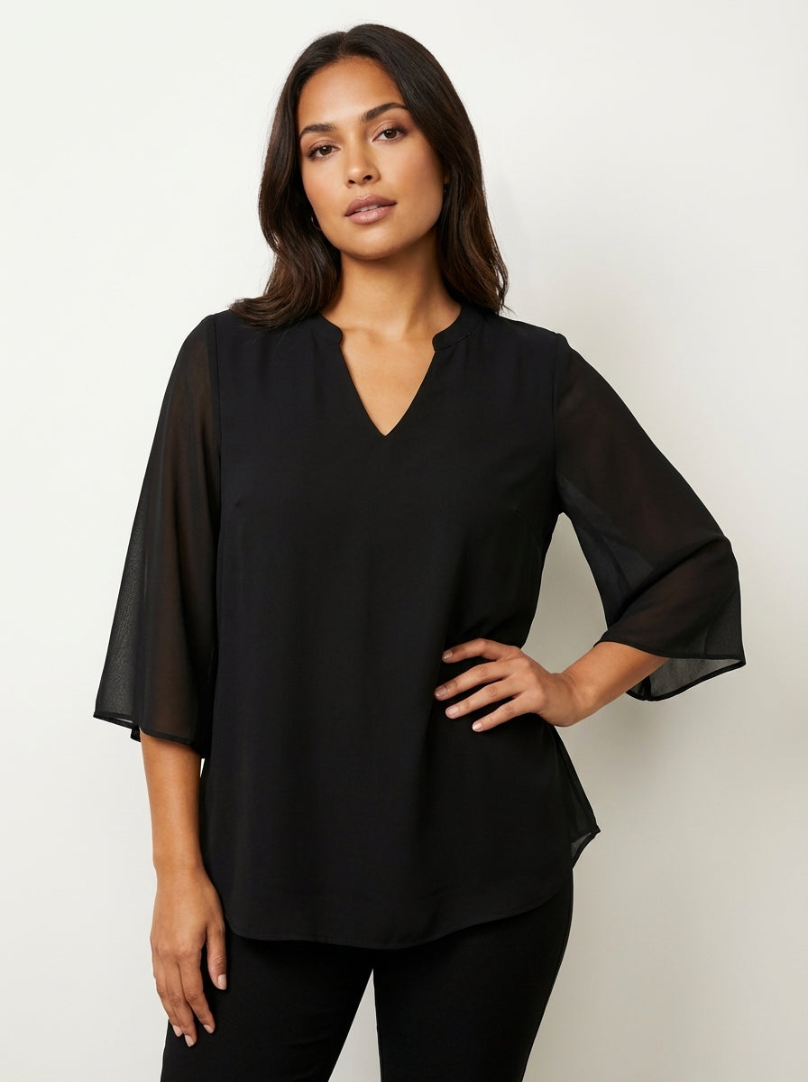 Luchtige chiffon blouse met V-hals in zwart