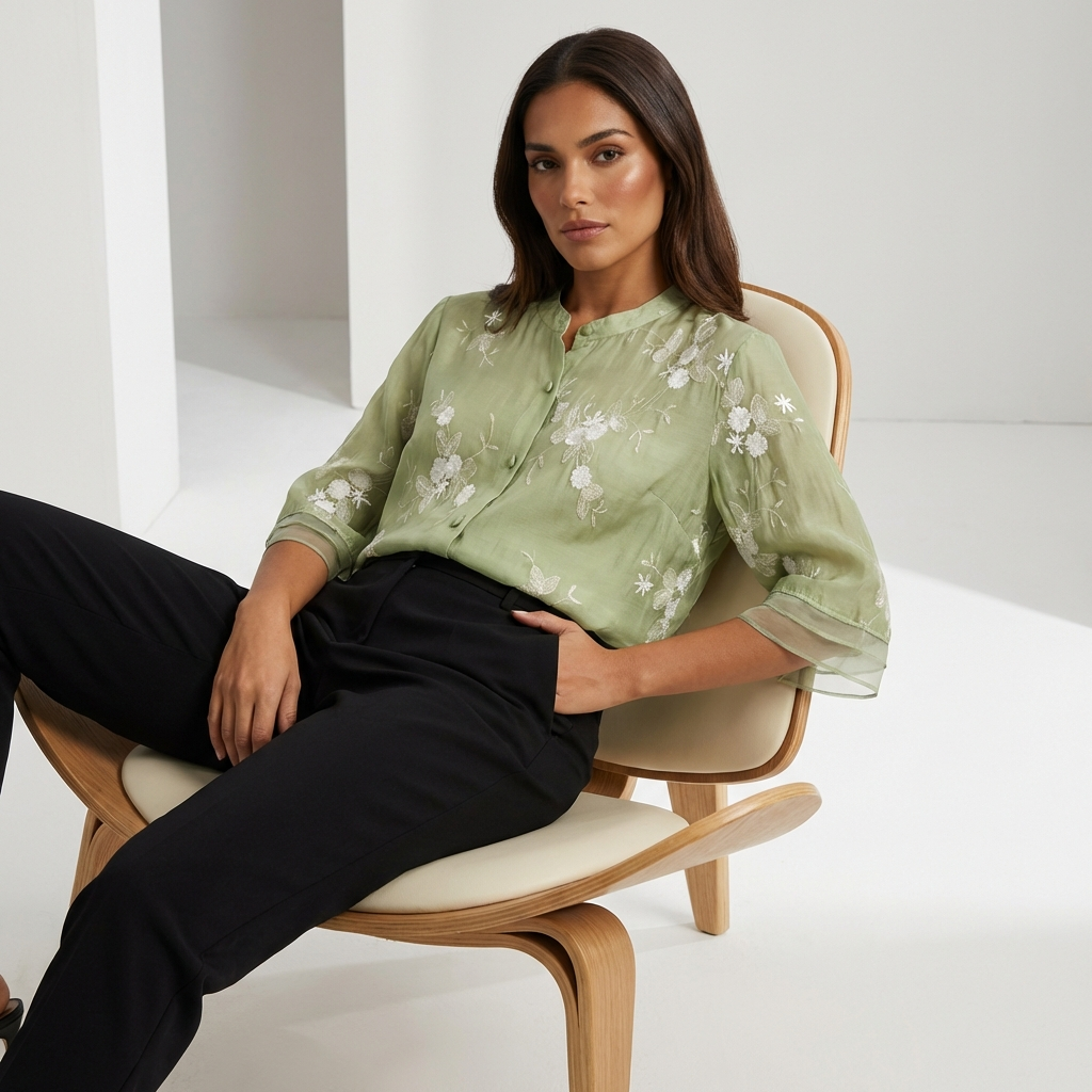 Geborduurde blouse met bloemendessin en ronde hals