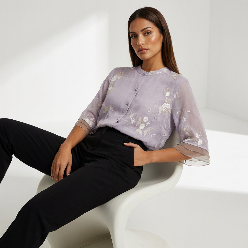 Geborduurde blouse met bloemendessin en ronde hals in paars