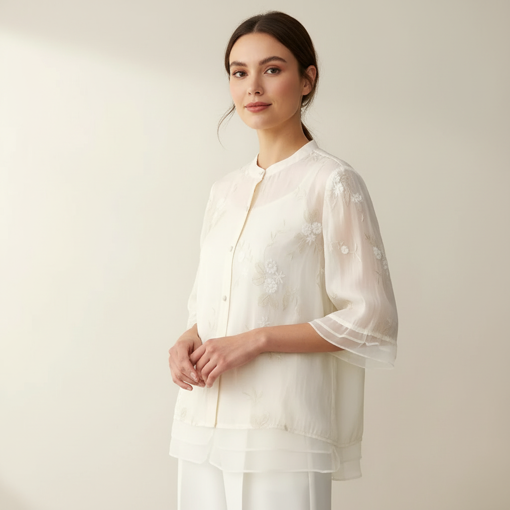 Geborduurde blouse met bloemendessin en ronde hals