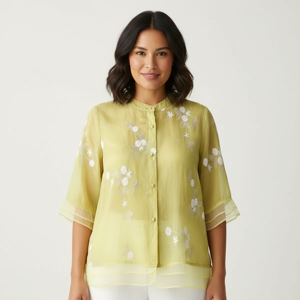 Geborduurde blouse met bloemendessin en ronde hals in geel