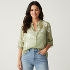 Geborduurde blouse met bloemendessin en ronde hals in groen
