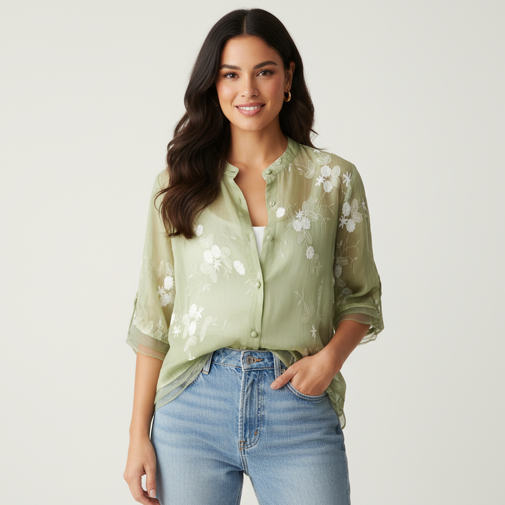 Geborduurde blouse met bloemendessin en ronde hals in groen