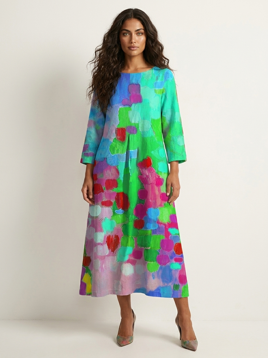 Artistieke maxi jurk met print in blauw