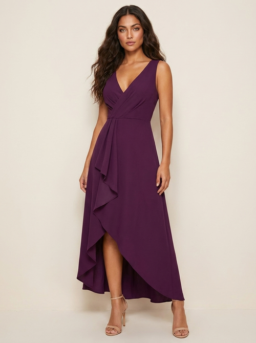 Asymmetrische midi jurk met watervaldetail in paars