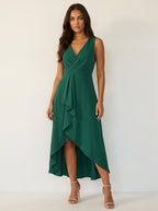 Asymmetrische midi jurk met watervaldetail in groen