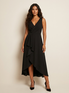 Asymmetrische midi jurk met watervaldetail in zwart