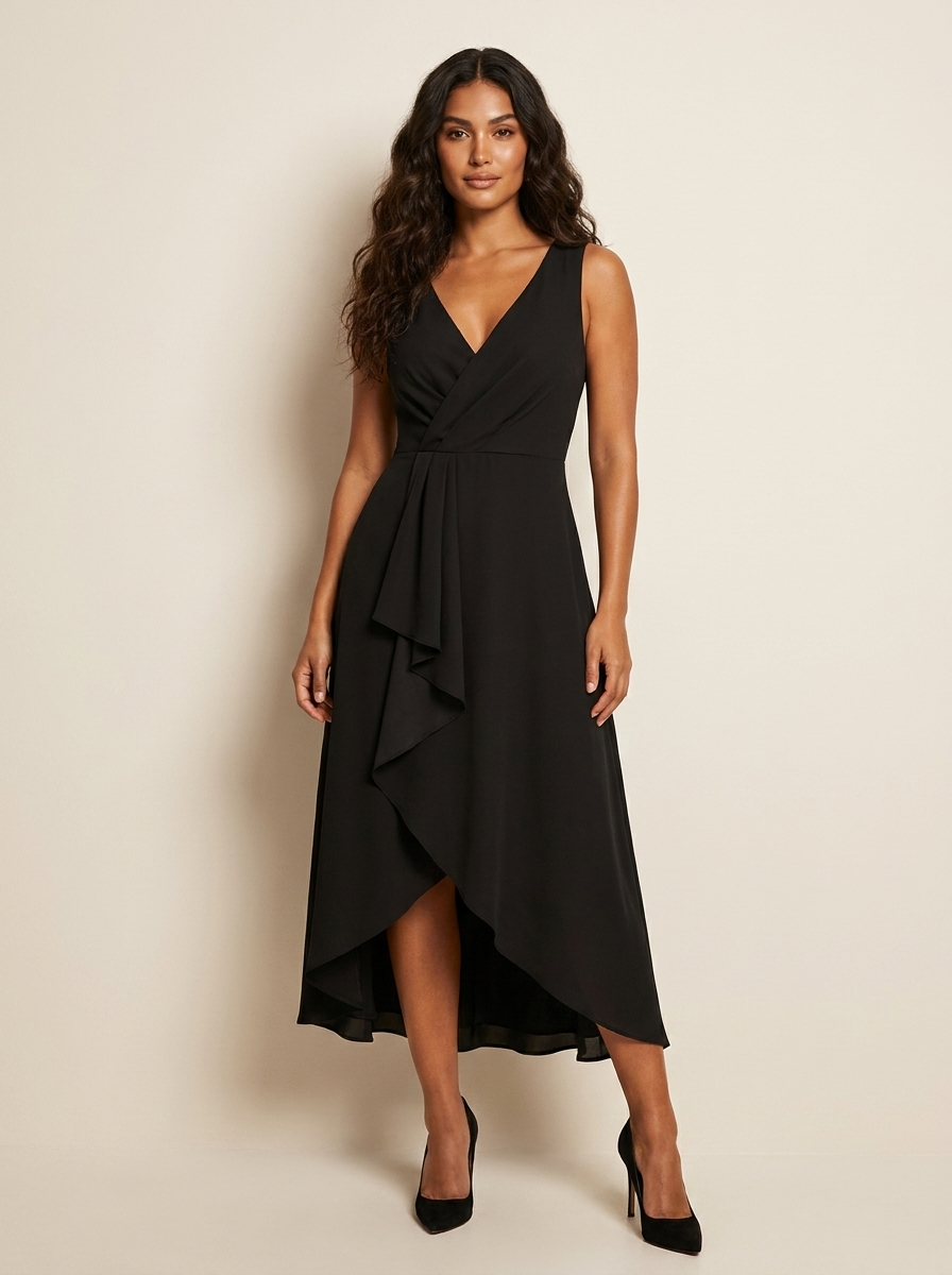 Asymmetrische midi jurk met watervaldetail in zwart