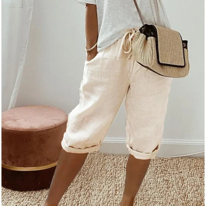 Bermuda broek met linnen look in beige