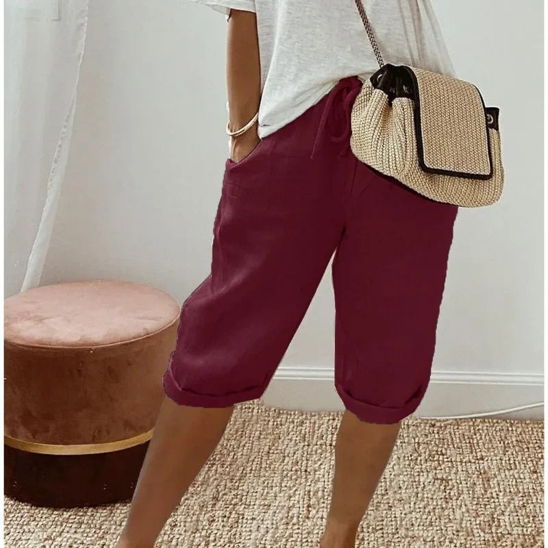 Bermuda broek met linnen look in bordeaux rood
