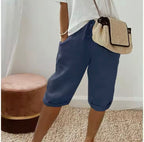 Bermuda broek met linnen look in donkerblauw