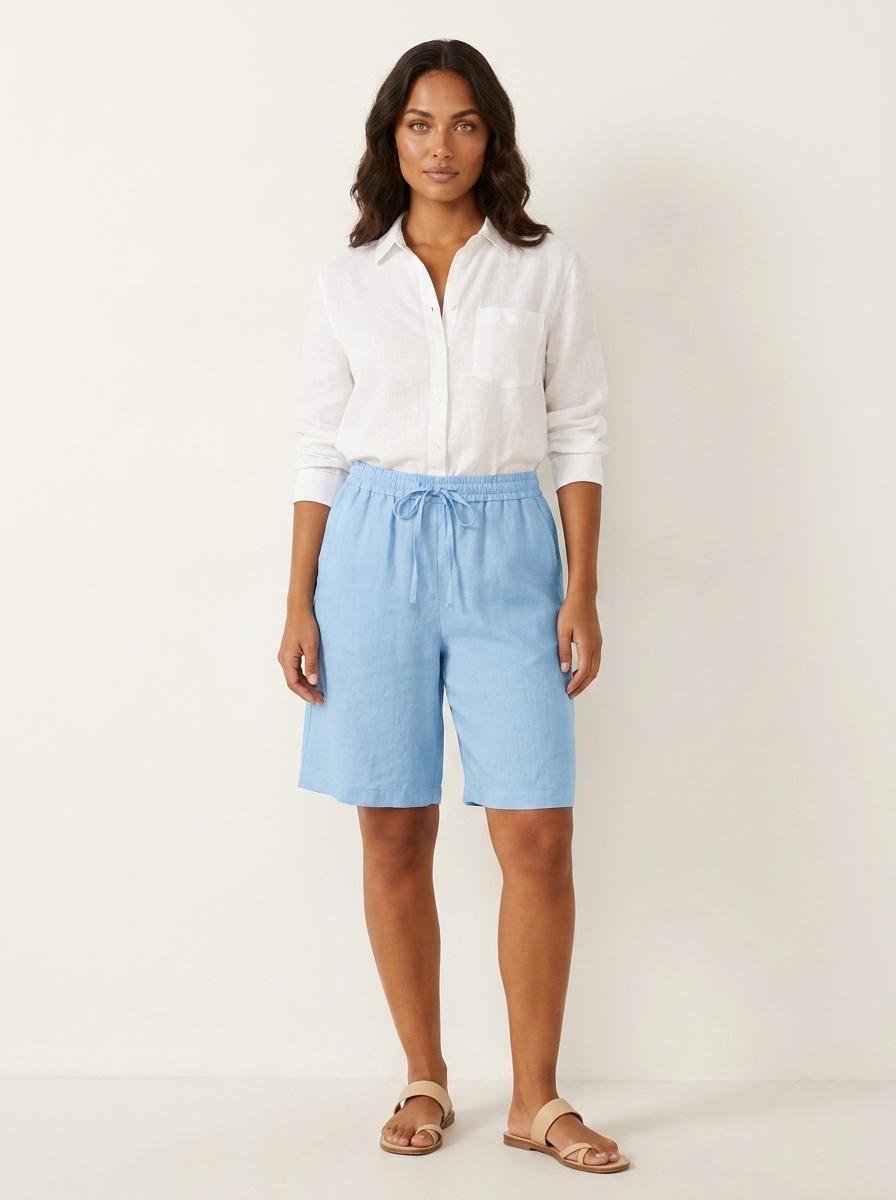 Bermudashort met elastische taille en linnen look voor dames in hemelsblauw