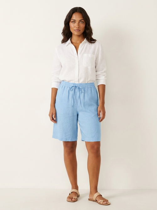 Bermudashort met elastische taille en linnen look voor dames in hemelsblauw