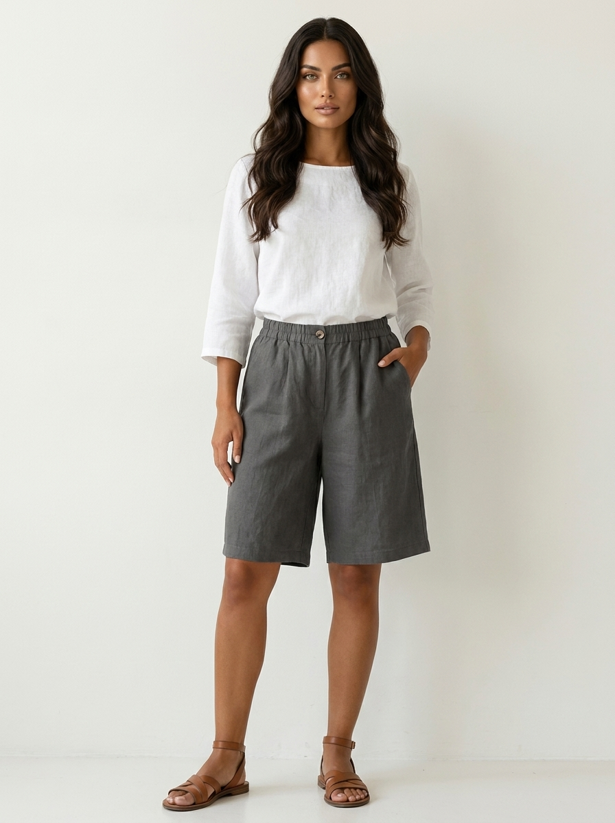 Bermudashort met elastische taille en linnen look voor dames in grijs