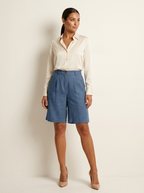 Bermudashort met elastische taille en linnen look voor dames in blauw