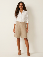 Bermudashort met elastische taille en linnen look voor dames in khaki