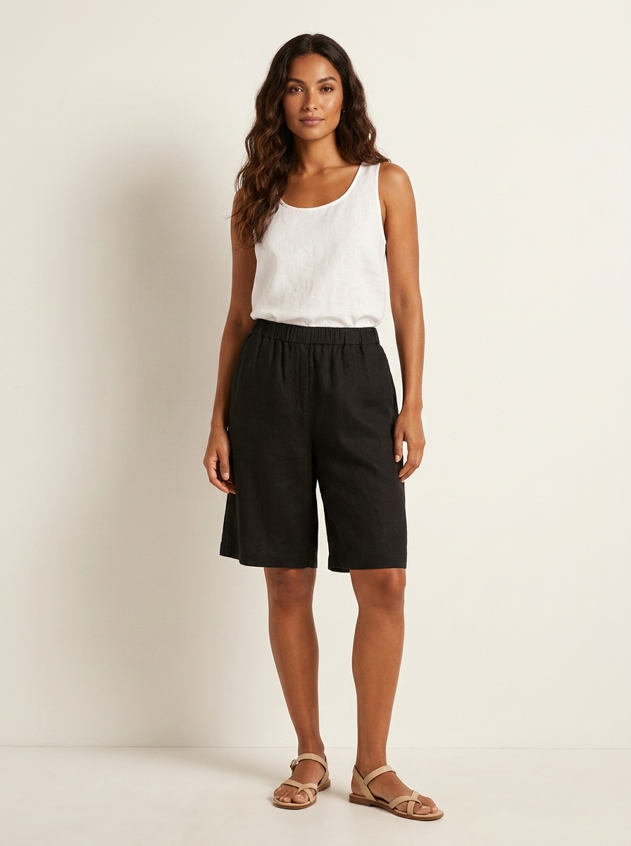 Bermudashort met elastische taille en linnen look voor dames in zwart