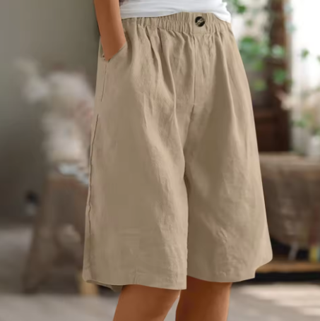 Bermudashort met elastische taille en linnen look voor dames
