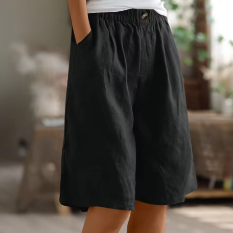 Bermudashort met elastische taille en linnen look voor dames