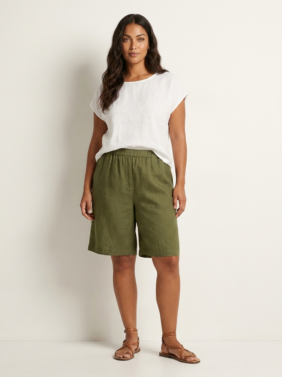 Bermudashort met elastische taille en linnen look voor dames in legergroen