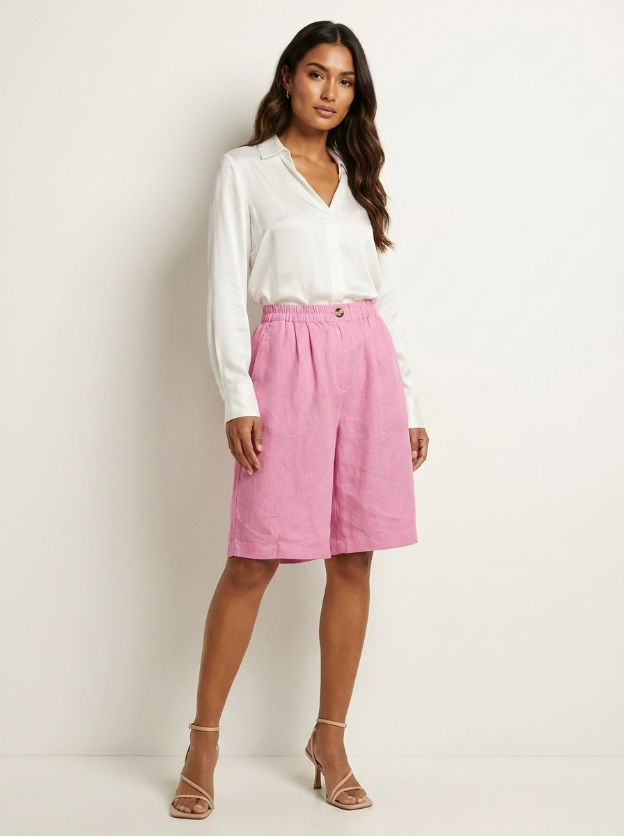 Bermudashort met elastische taille en linnen look voor dames in roze