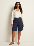 Bermudashort met elastische taille en linnen look voor dames in marineblauw