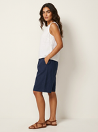 Bermudashort met elastische taille en linnen look voor dames