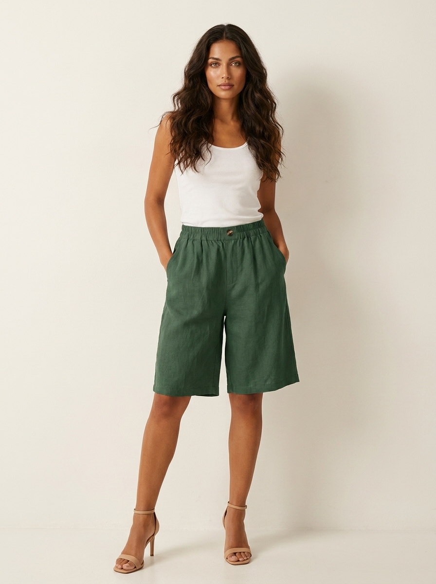 Bermudashort met elastische taille en linnen look voor dames in groen