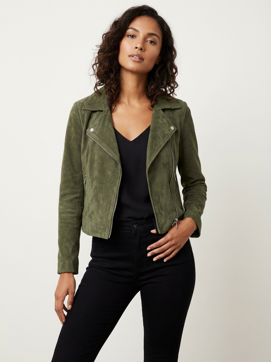 Bikerjack met asymmetrische rits en suède-look in groen