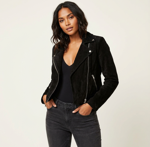 Bikerjack met asymmetrische rits en suède-look in zwart