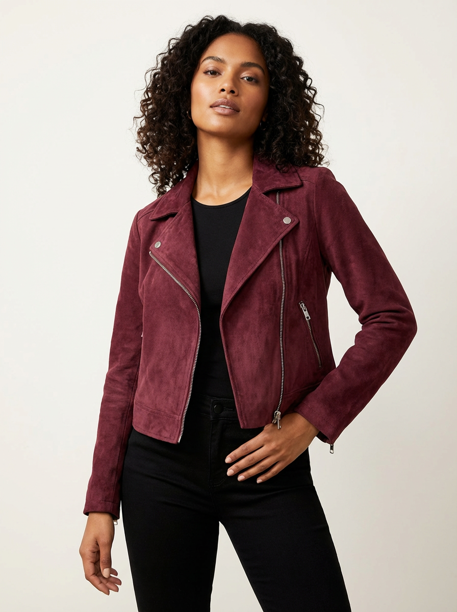 Bikerjack met asymmetrische rits en suède-look in rood