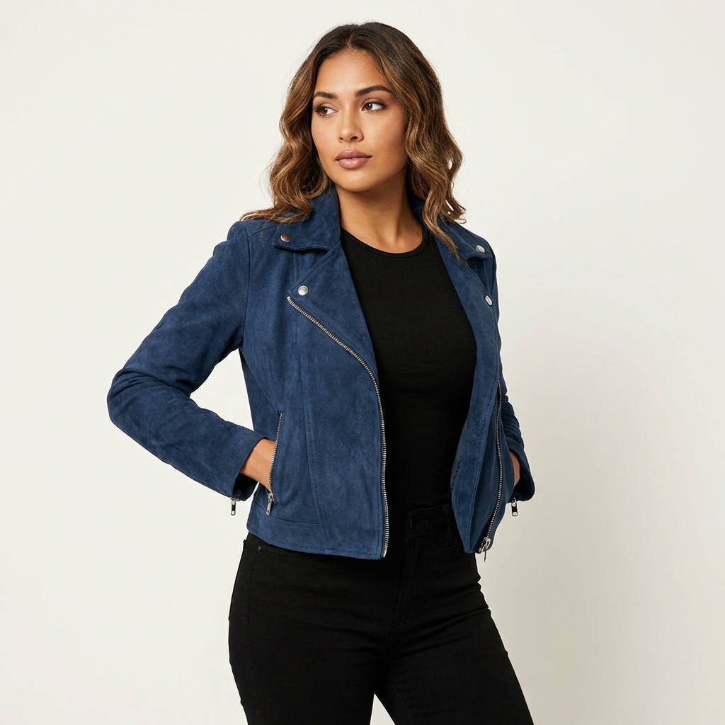 Bikerjack met asymmetrische rits en suède-look in blauw
