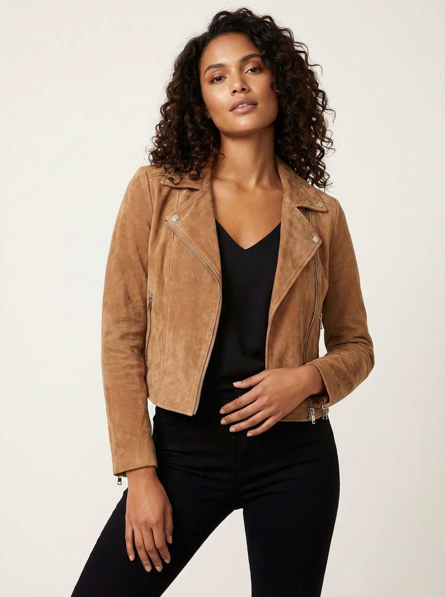 Bikerjack met asymmetrische rits en suède-look in khaki