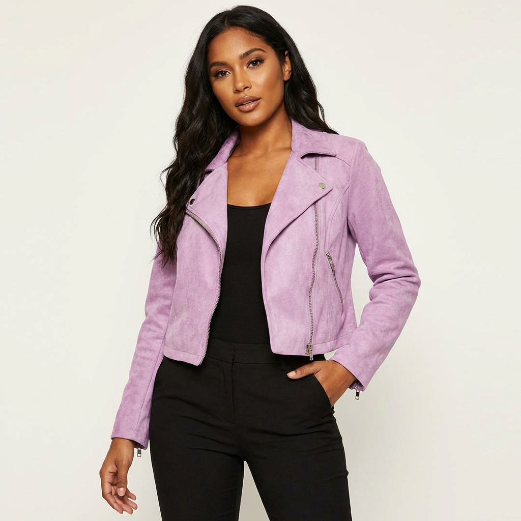 Bikerjack met asymmetrische rits en suède-look in roze