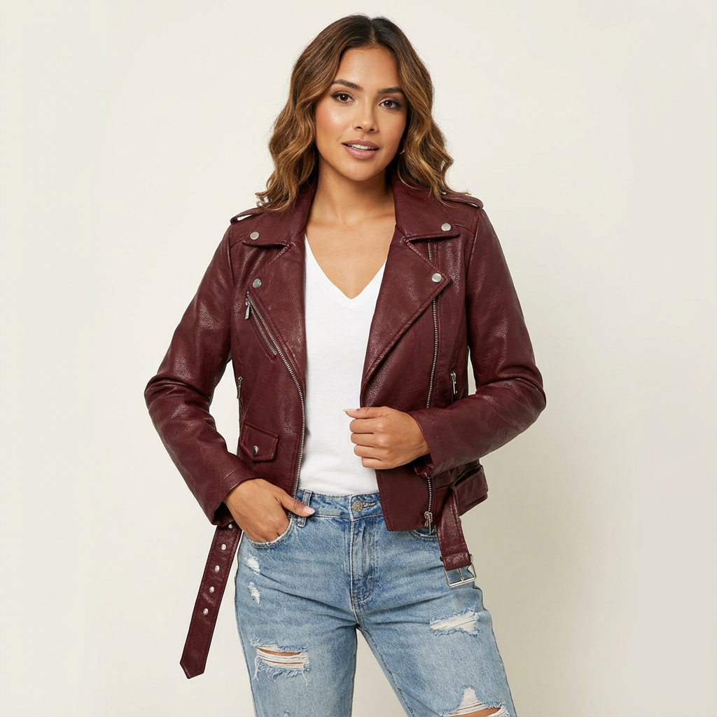 Bikerjack met imitatieleer en ritsdetails voor dames in rood