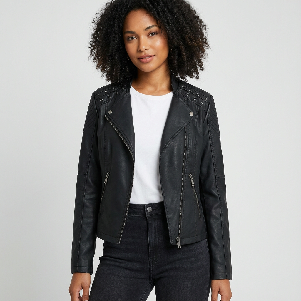 Bikerjack van imitatieleer met schouderdetails voor dames in zwart