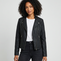 Bikerjack van imitatieleer met schouderdetails voor dames in zwart