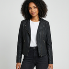 Bikerjack van imitatieleer met schouderdetails voor dames in zwart