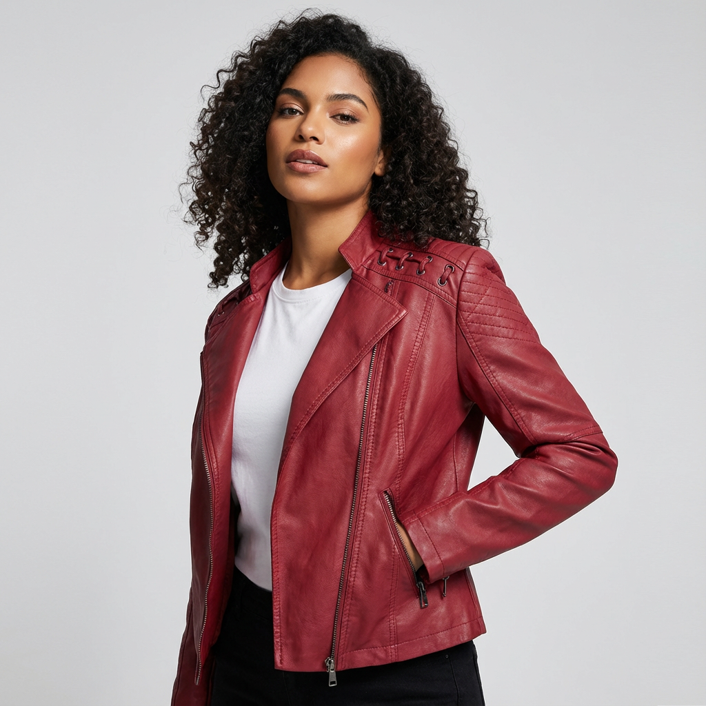 Bikerjack van imitatieleer met schouderdetails voor dames in rood