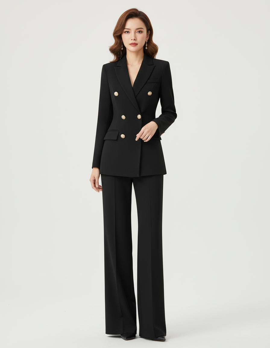 Blazer en broek set met getailleerde pasvorm voor dames in zwart