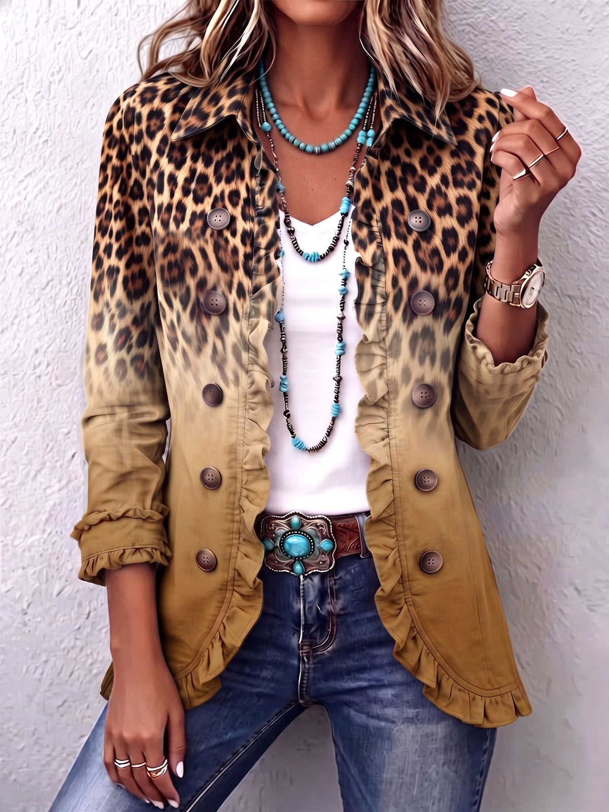 Blazer met ombreprint en dubbele knoopsluiting voor dames in okergoud