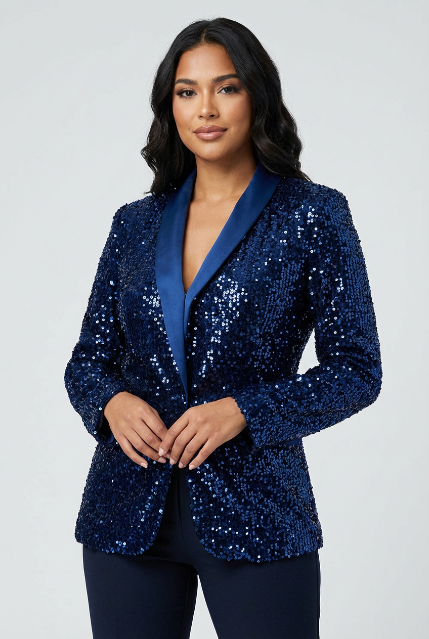 Blazer met pailletten en getailleerde pasvorm voor dames in blauw