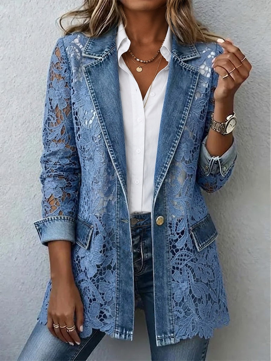 Blazer met perforatiepanelen en enkele knoopsluiting voor dames in denim blauw