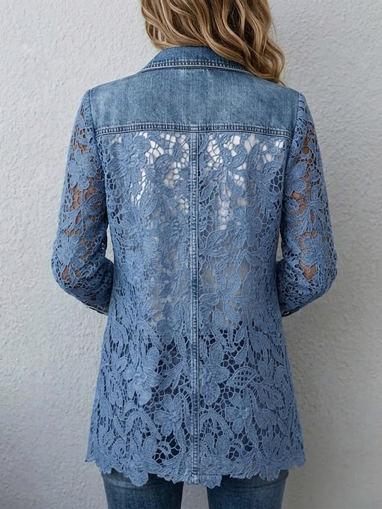 Blazer met perforatiepanelen en enkele knoopsluiting voor dames in denim blauw