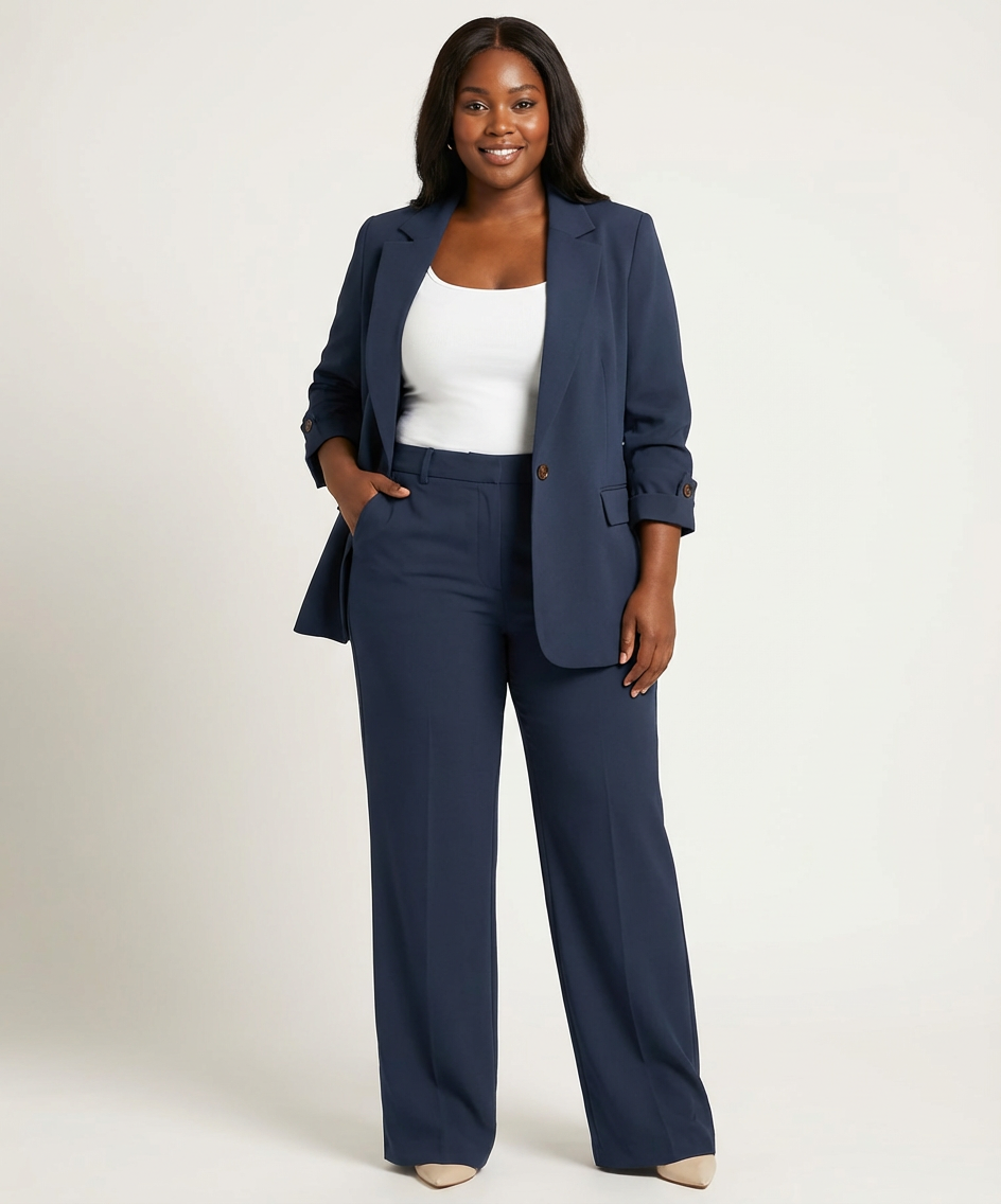 Blazerset met getailleerde blazer en stretch pantalon voor dames in donkerblauw