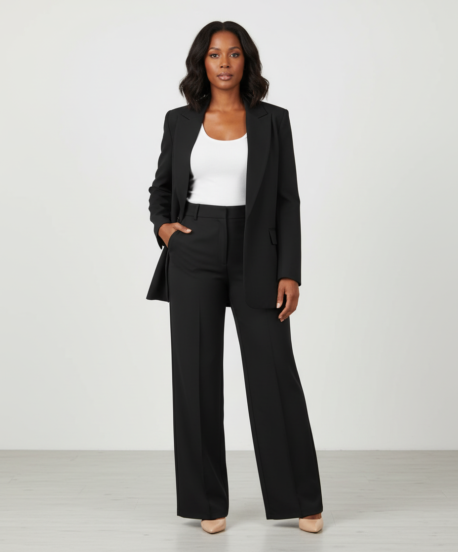 Blazerset met getailleerde blazer en stretch pantalon voor dames in zwart