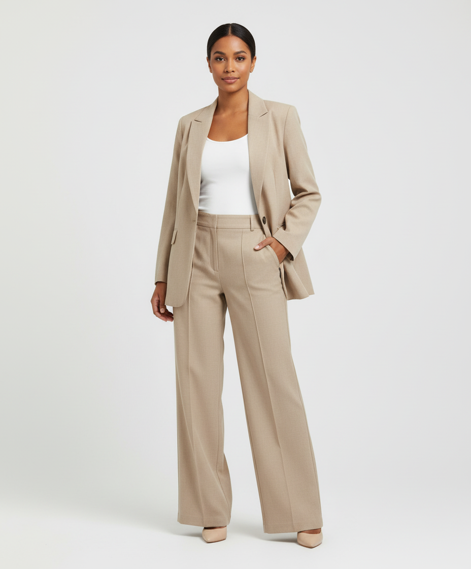 Blazerset met getailleerde blazer en stretch pantalon voor dames in beige