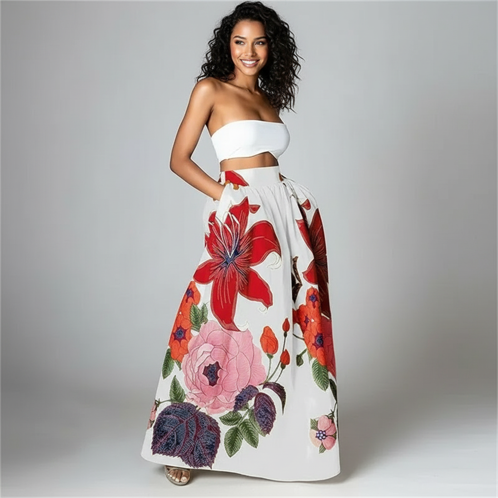 Bloemen maxi rok met hoge taille voor dames in wit