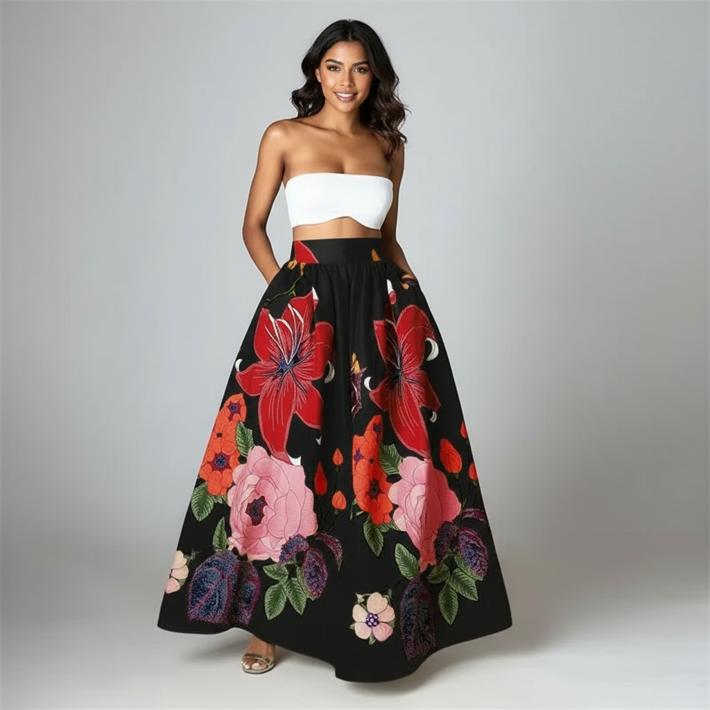 Bloemen maxi rok met hoge taille voor dames in zwart